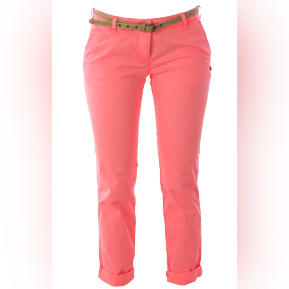 Maison Scotch Neon Coral Skinny Chino Pants 24/30 NWT Belted Stretch Cotton $109